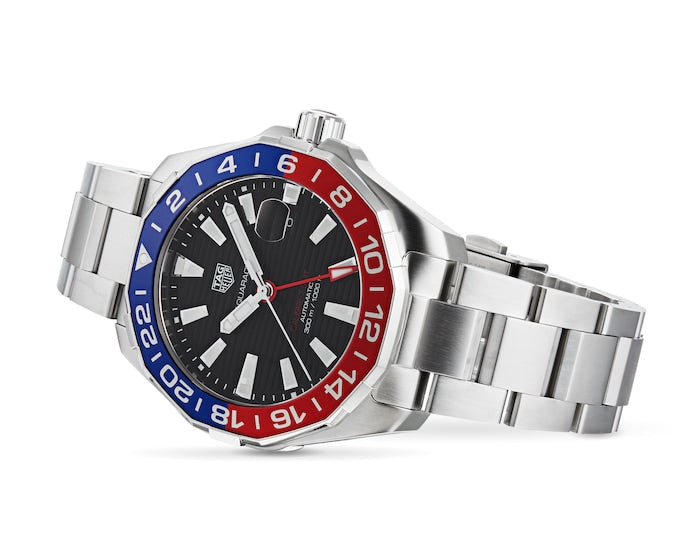 Tag Heuer Aquaracer GMT Caliber 7 Pepsi Black Dial Silver Steel Strap Watch for Men - WAY201F.BA0927