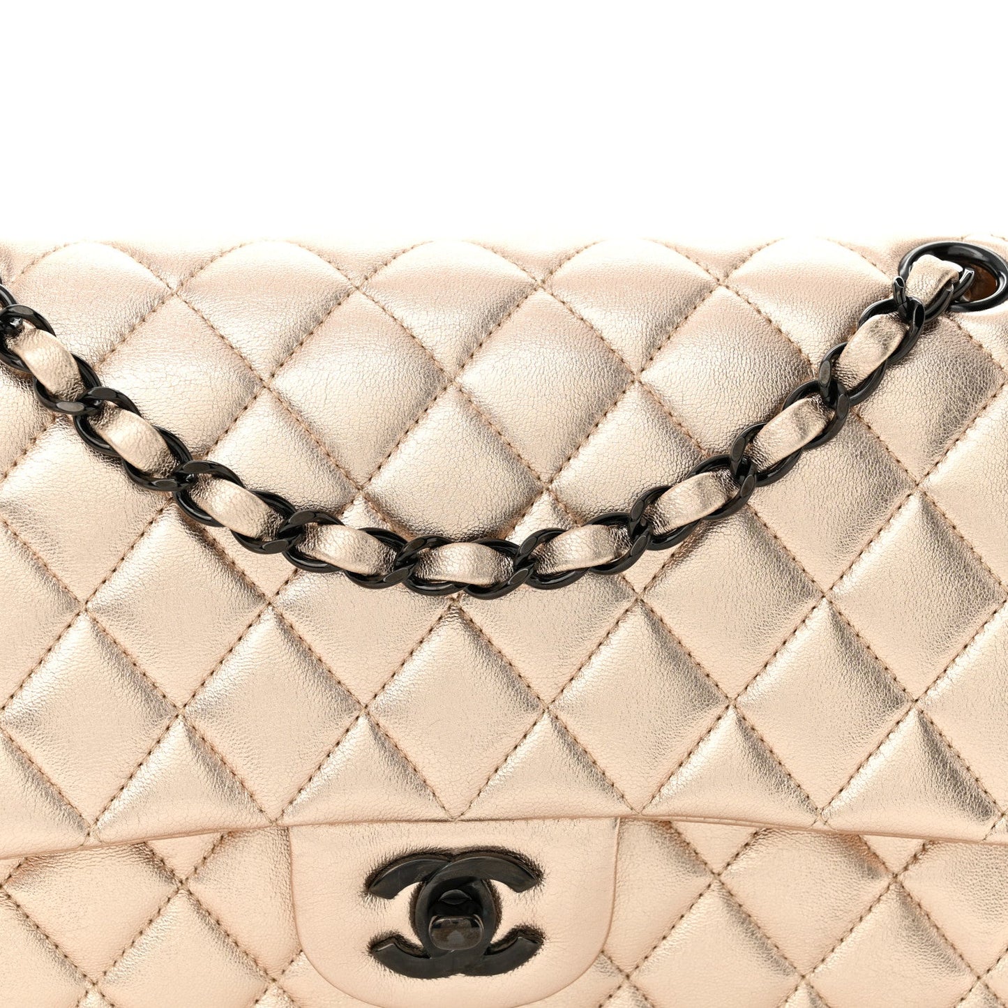 Metallic Lambskin Quilted Medium Double Flap Gold Black