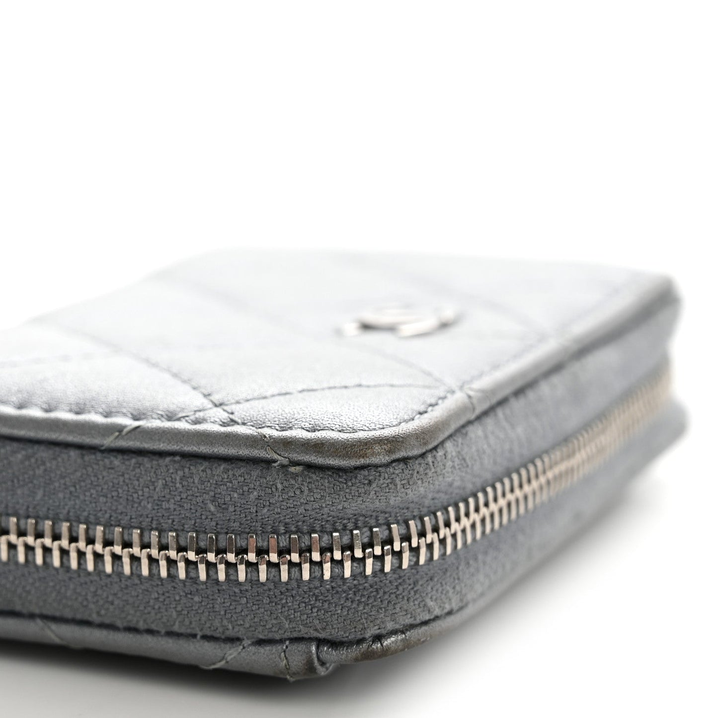 Metallic Lambskin Quilted Zip Around Coin Purse Wallet Silver