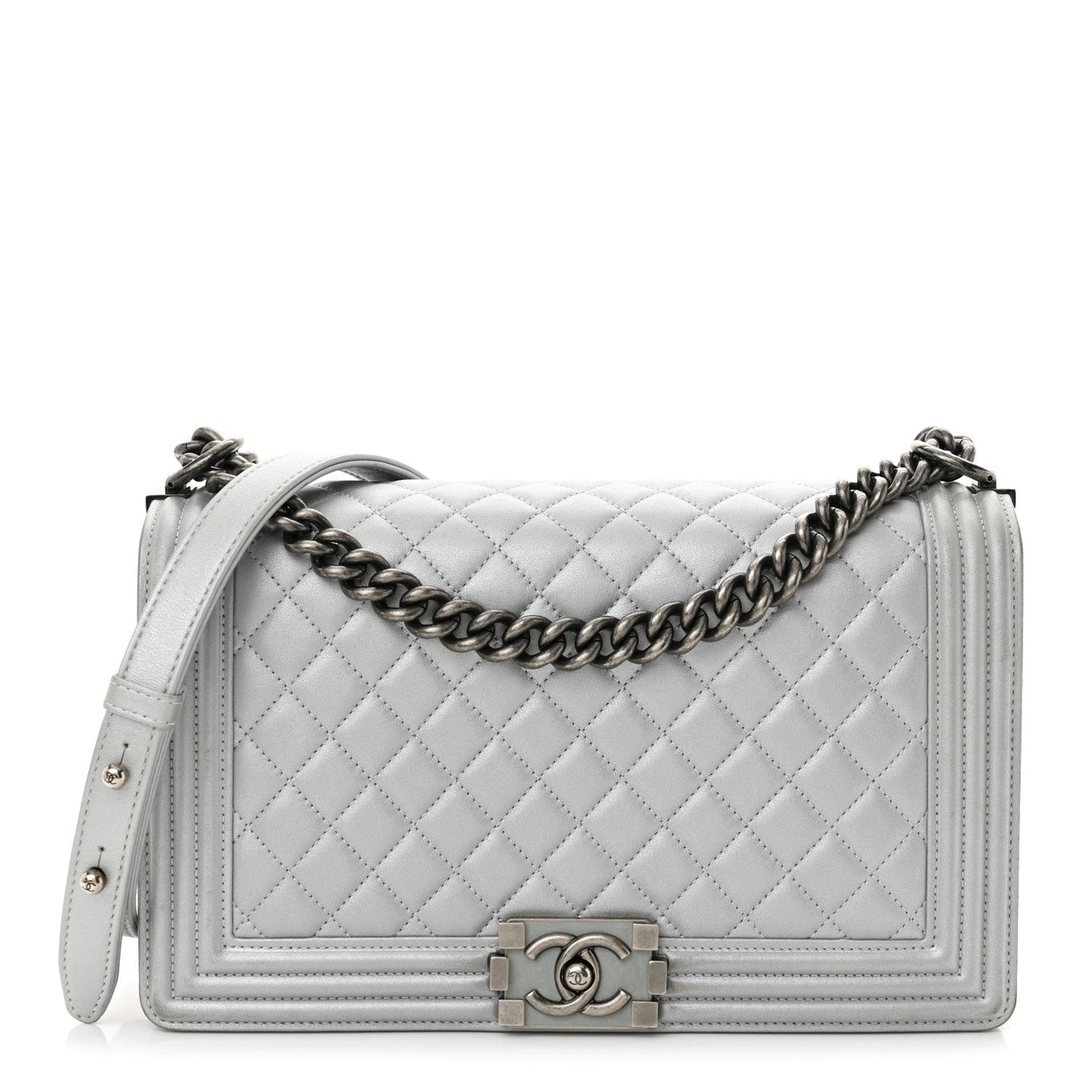 Metallic Calfskin Quilted New Medium Plexiglass Boy Flap Silver