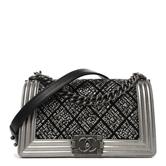 Jersey Embroidered Medium Boy Flap Black Silver Black Silver