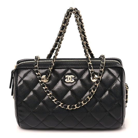 Caviar Quilted Barrel Clutch With Chain  Black