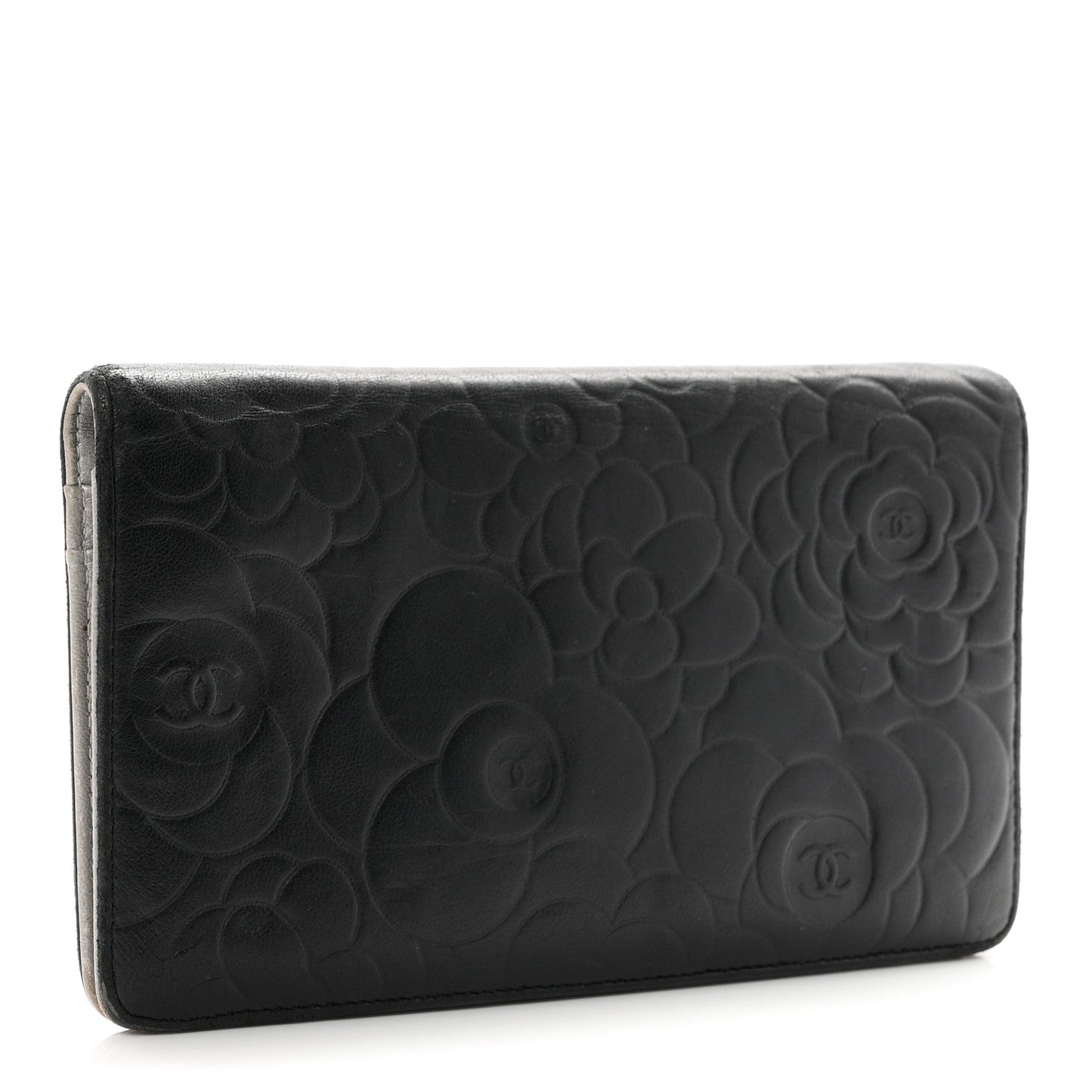 Lambskin Camellia Embossed Yen Wallet Black