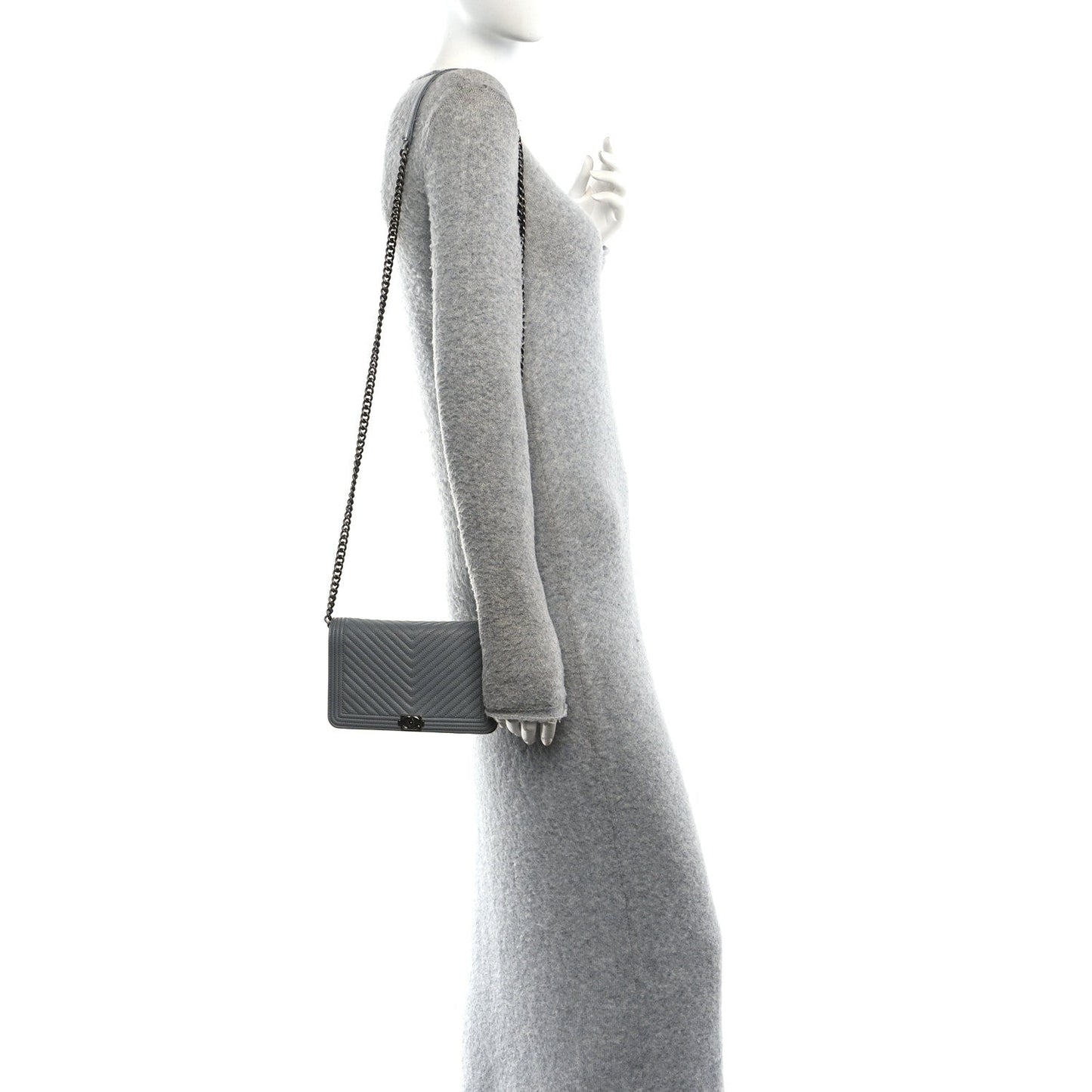 Caviar Chevron Quilted Boy Wallet On Chain WOC Grey