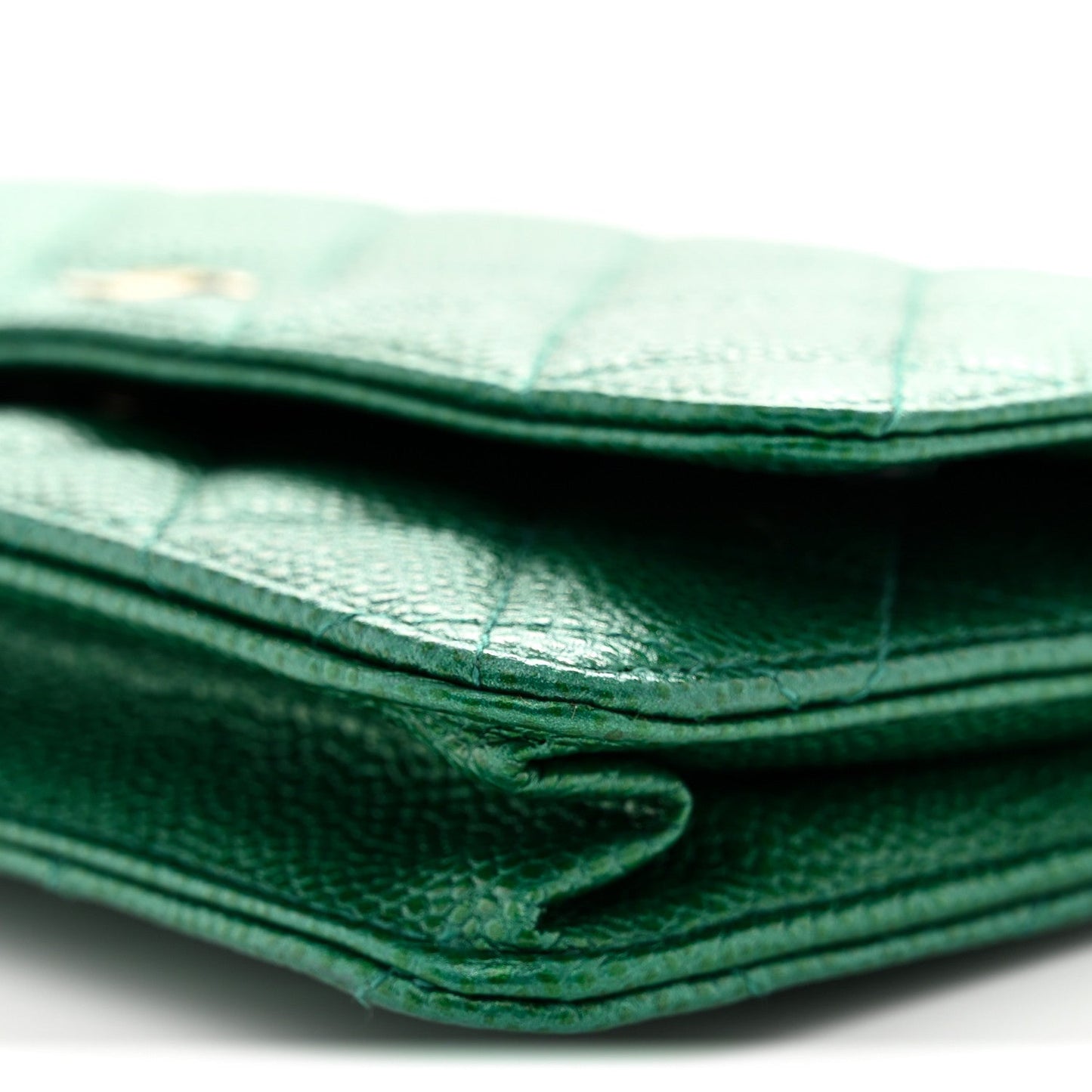Metallic Caviar Quilted Wallet On Chain WOC Green