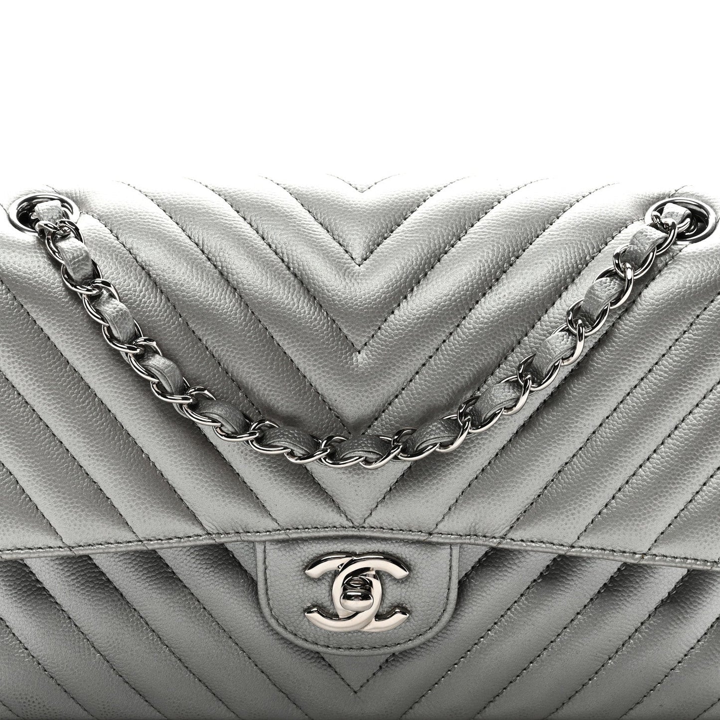 Metallic Caviar Chevron Quilted Medium Double Flap Silver