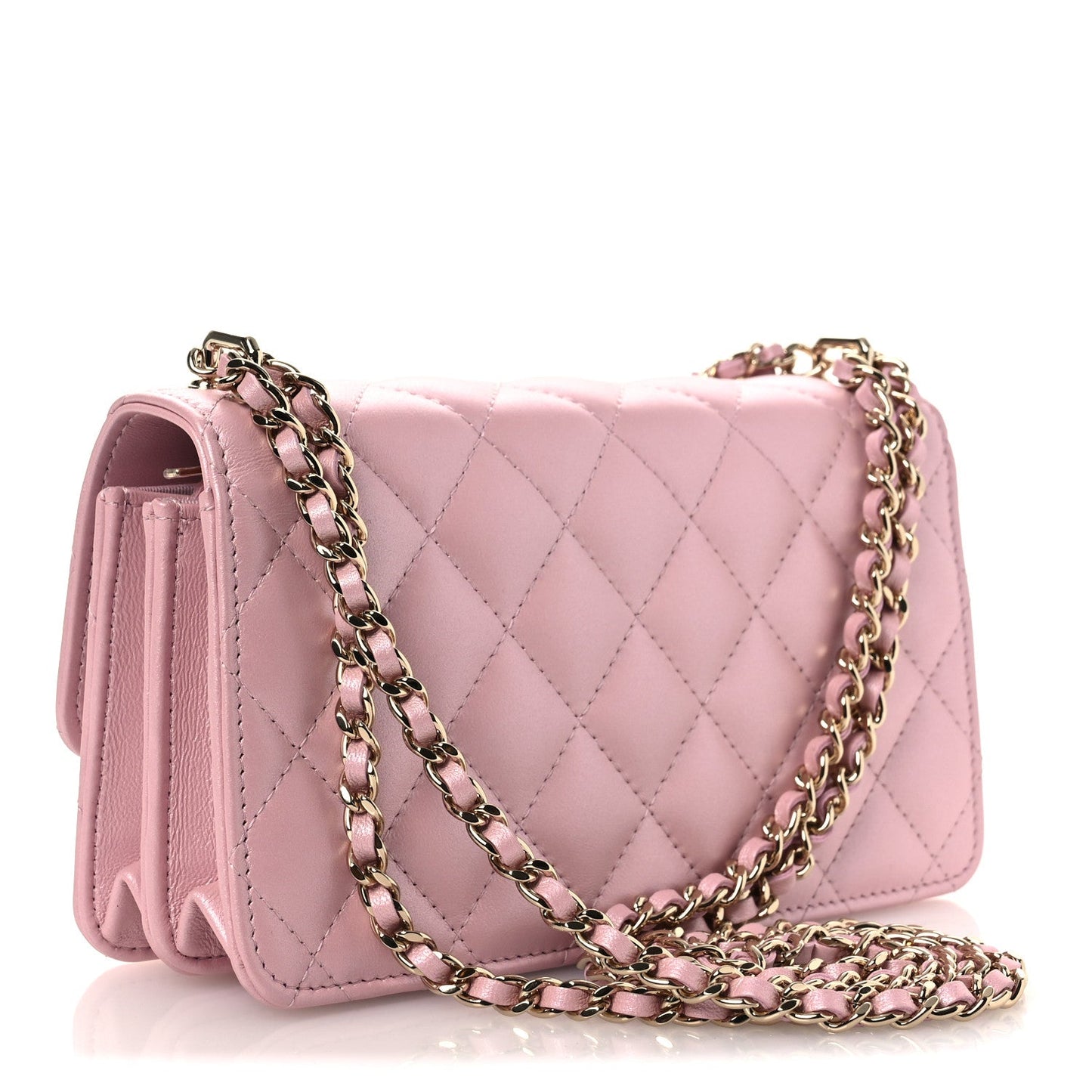 Pearly Lambskin Quilted Charms Wallet On Chain WOC Light Pink