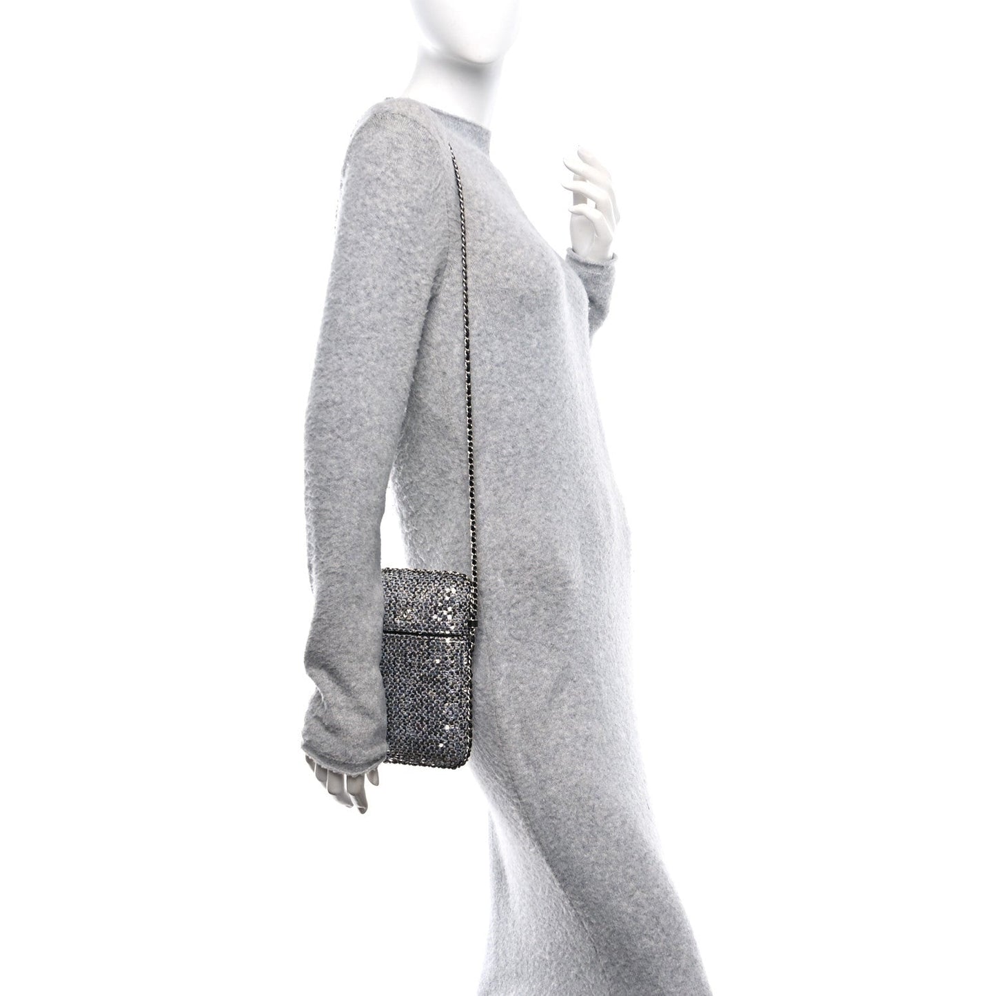Tweed Sequin Chain Around Phone Holder Silver Black