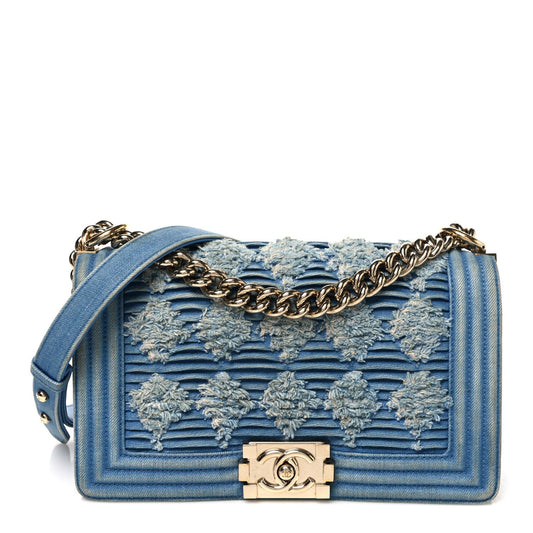 Denim Pleated Medium Boy Flap Light Blue