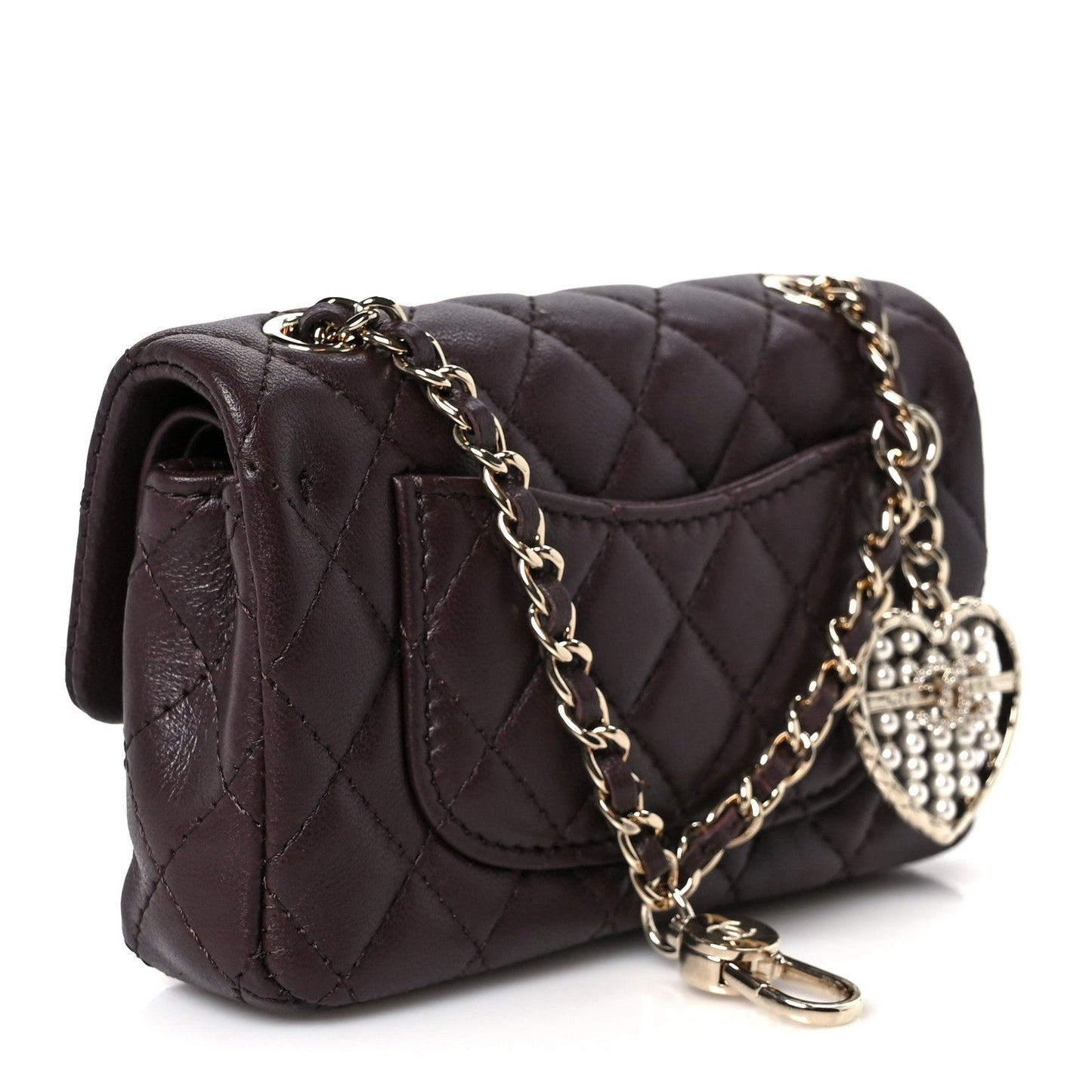 Lambskin Quilted Mini Flap Bag Charm With Hook Dark Brown