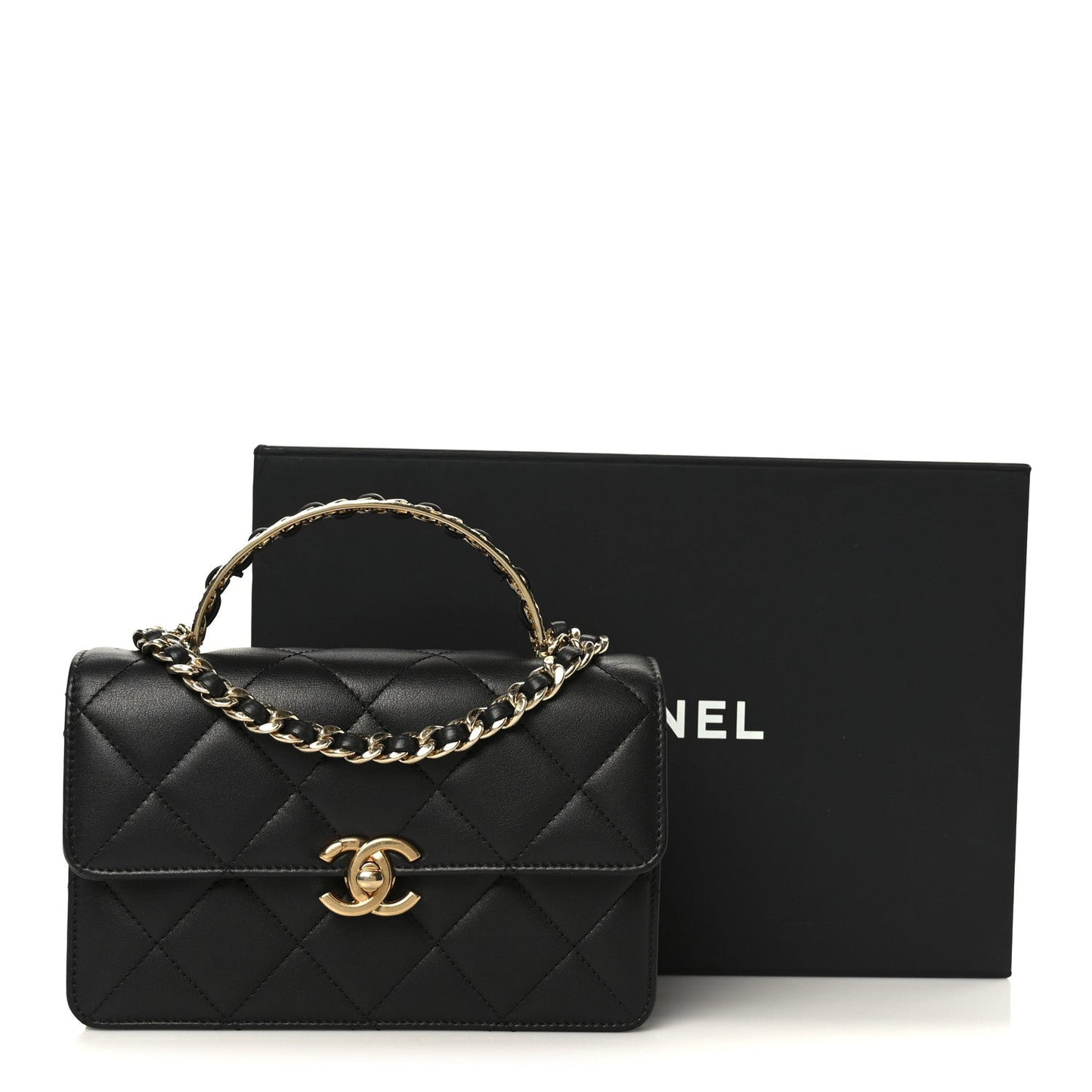 Shiny Calfskin Quilted Mini Metal Top Handle Flap Black