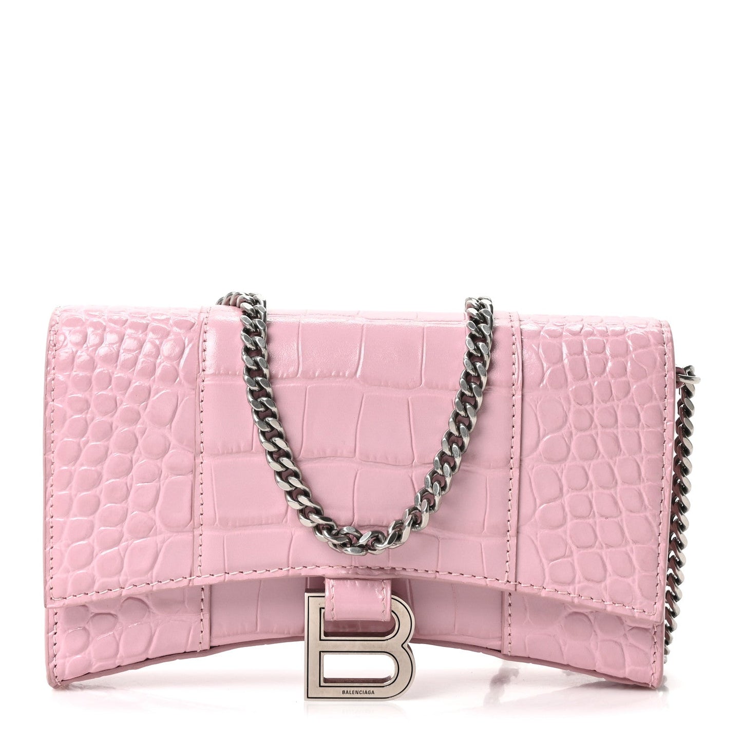 Shiny Calfskin Crocodile Embossed Hourglass Chain Bag Powder Pink
