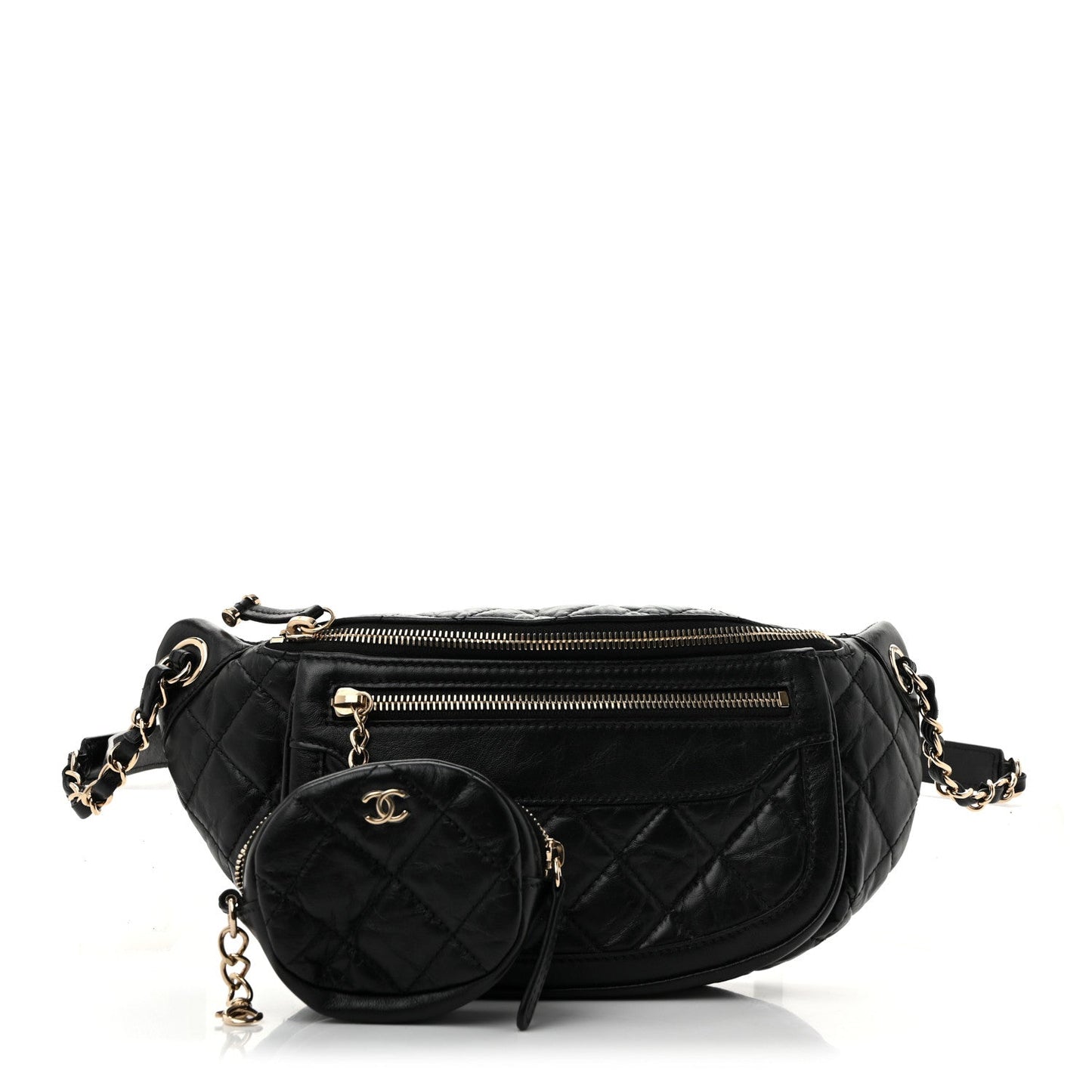 Aged Calfskin Quilted Waist Bag With Coin Purse Black