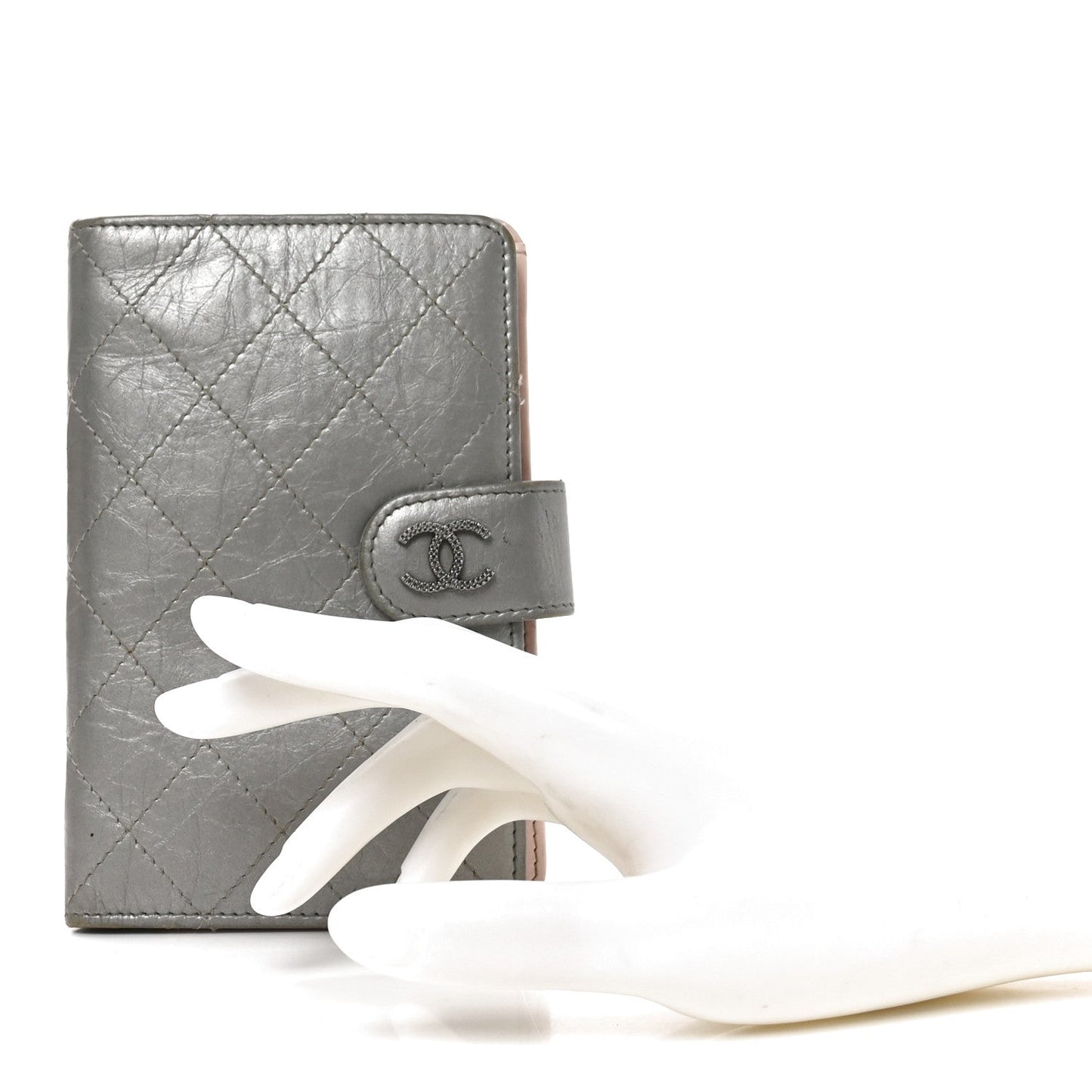 Metallic Aged Calfskin Quilted Palette Flap Wallet Silver