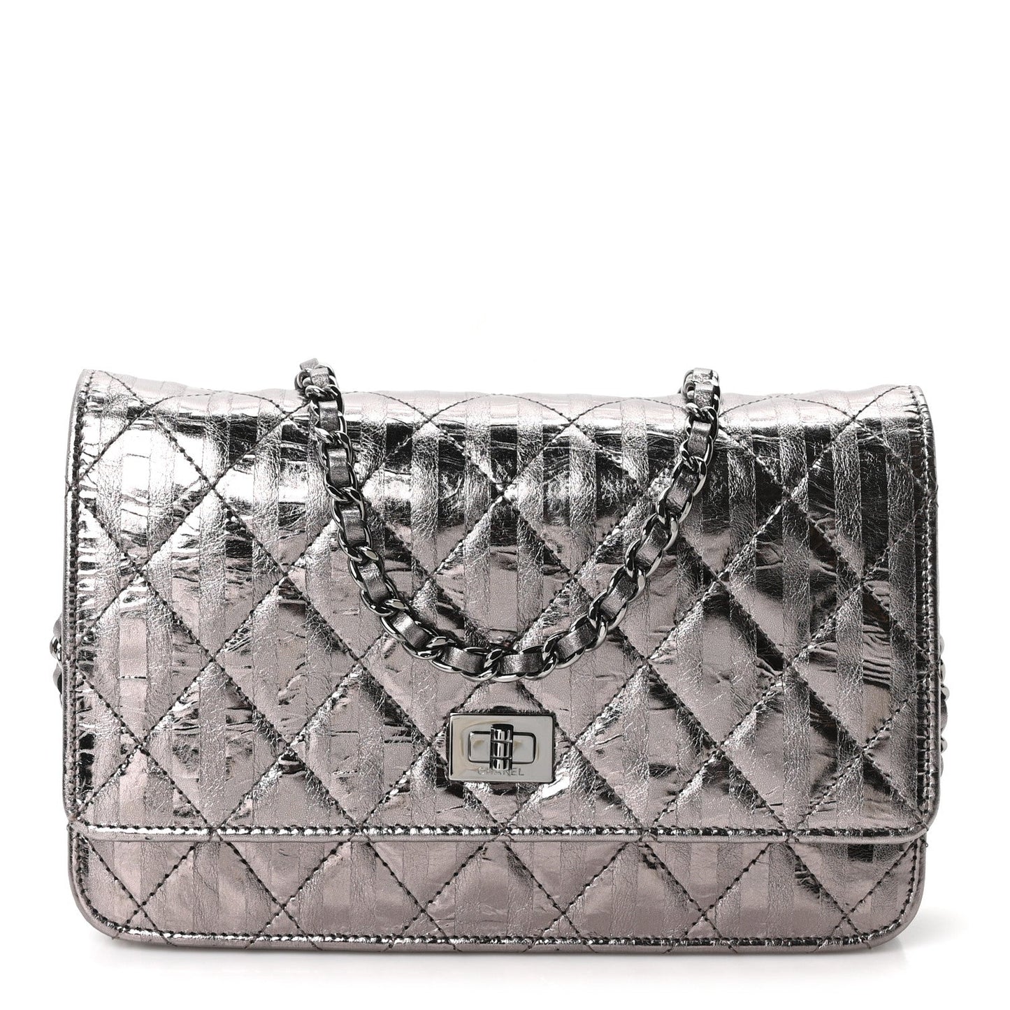 Metallic Striped Calfskin Reissue Wallet On Chain WOC Silver
