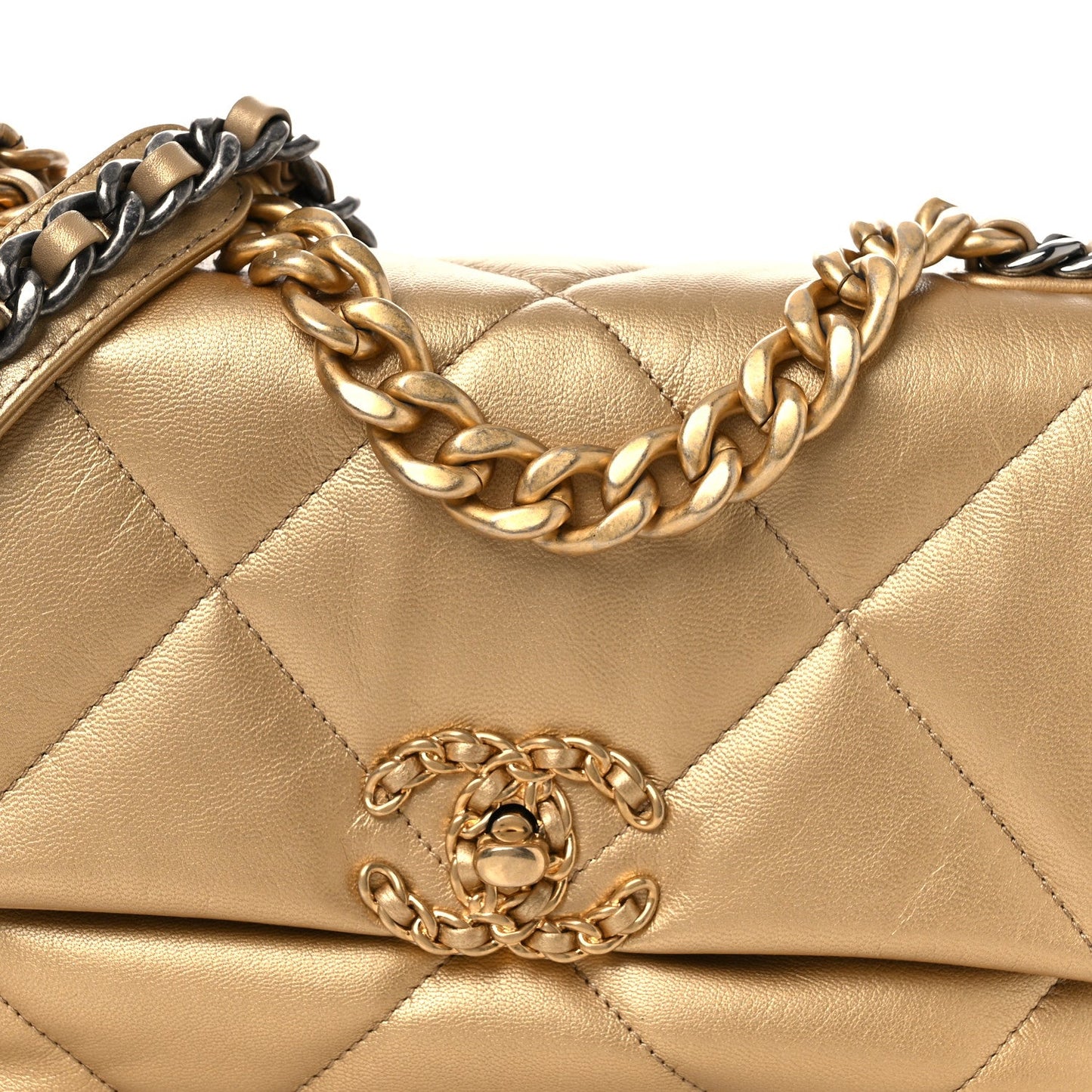 Metallic Goatskin Quilted Medium Chanel 19 Flap Gold