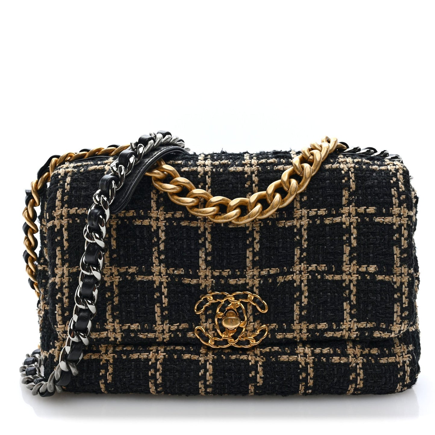 Tweed Quilted Medium Chanel 19 Flap Black Beige