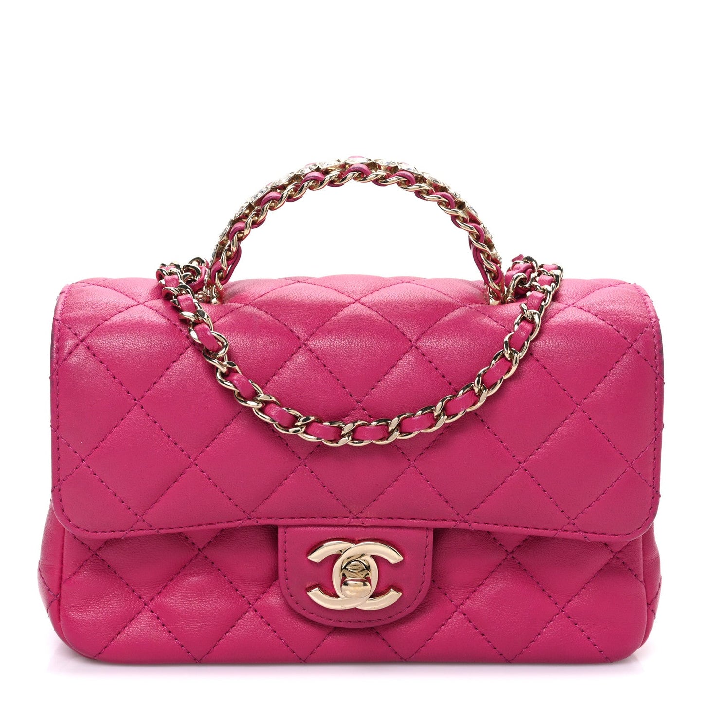 Lambskin Quilted Mini Crystal Top Handle Rectangular Flap Dark Pink