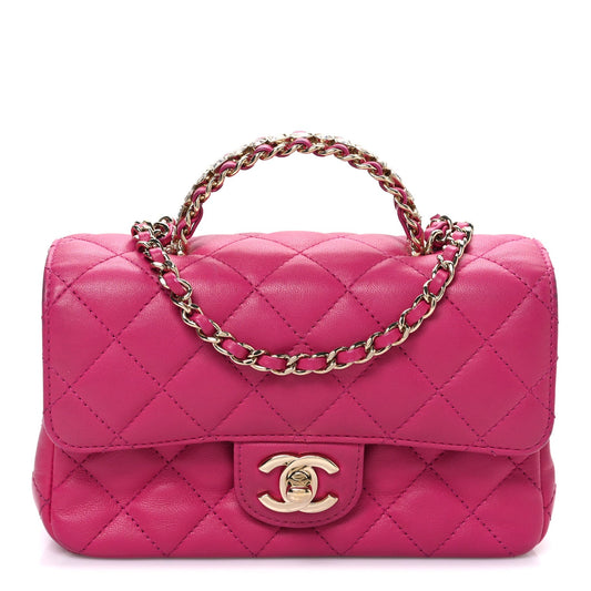 Lambskin Quilted Mini Crystal Top Handle Rectangular Flap Dark Pink