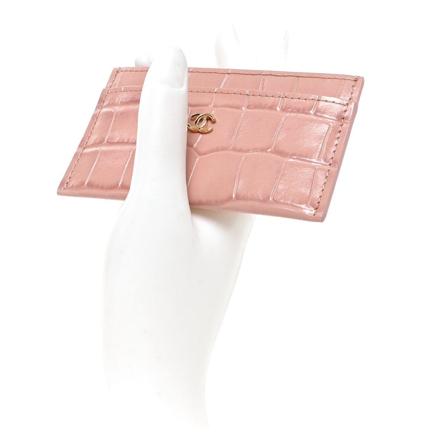 Calfskin Crocodile Embossed Crococo Card Holder Light Pink