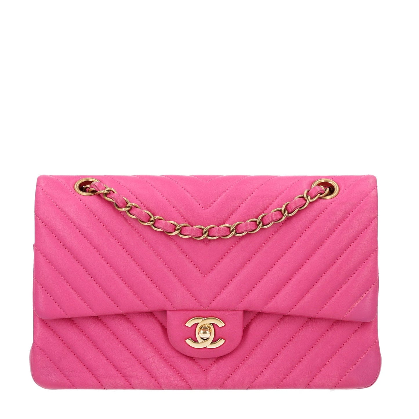 Lambskin Chevron Quilted Medium Double Flap Dark Pink