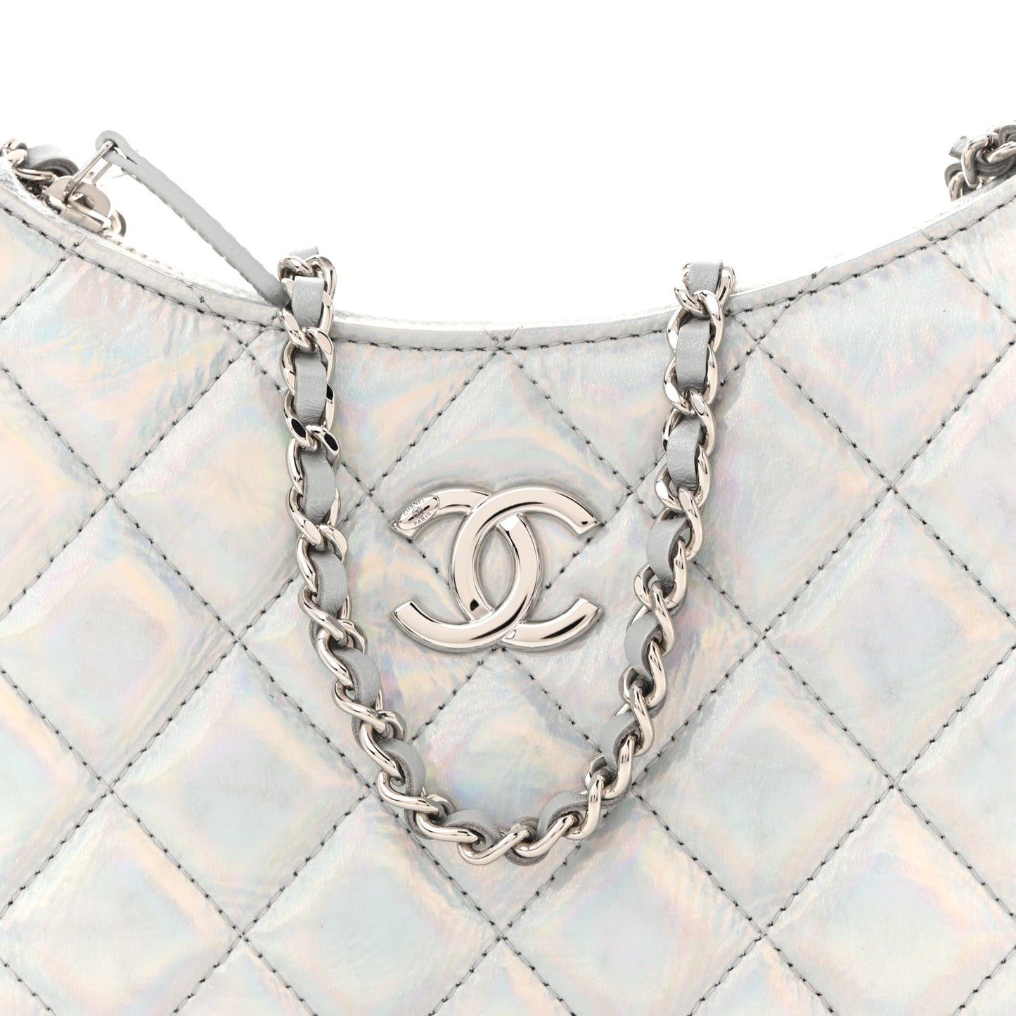 Iridescent Mirror Goatskin Quilted Clutch With Chain Silver