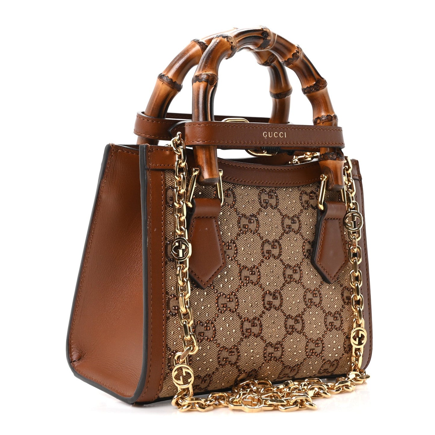 New Canvas Charisma Calfskin Crystal GG Monogram Mini Diana Tote Bag Camel Ebony