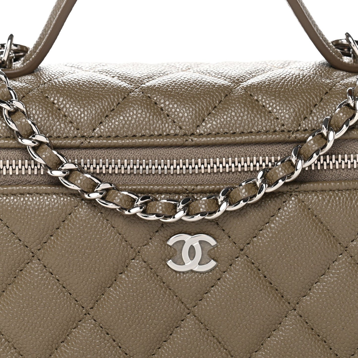 Caviar Quilted Top Handle Slim Vanity With Chain Dark Khaki