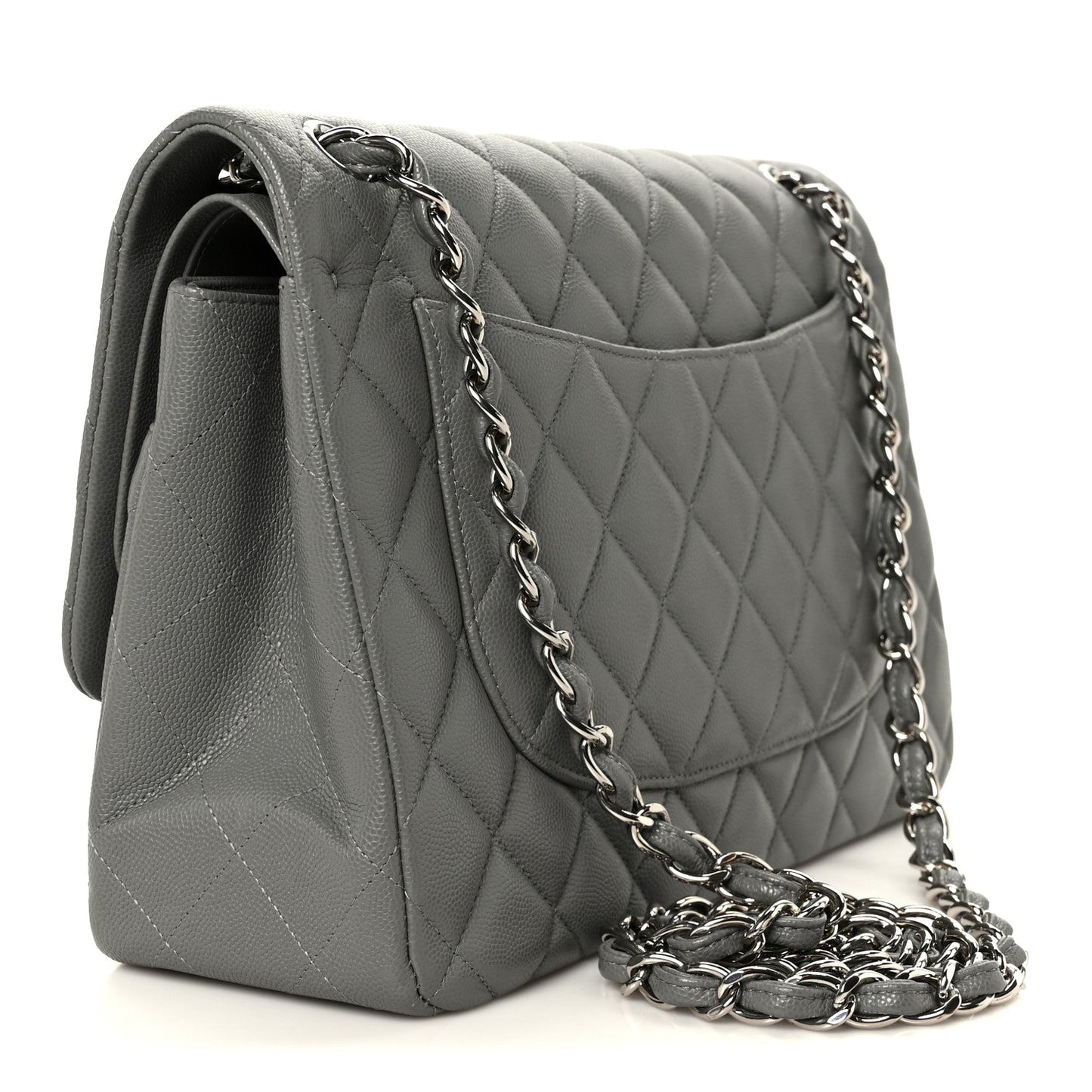 Caviar Quilted Jumbo Double Flap Grey