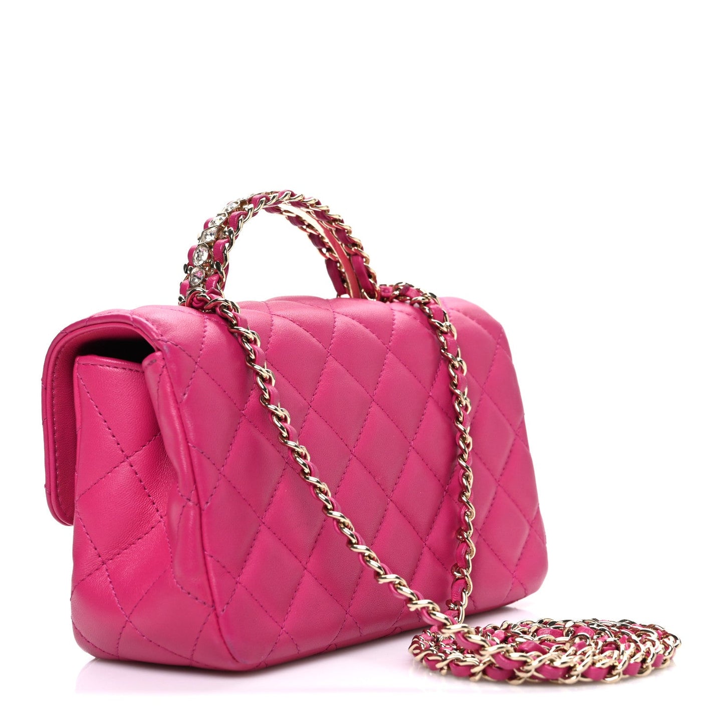 Lambskin Quilted Mini Crystal Top Handle Rectangular Flap Dark Pink