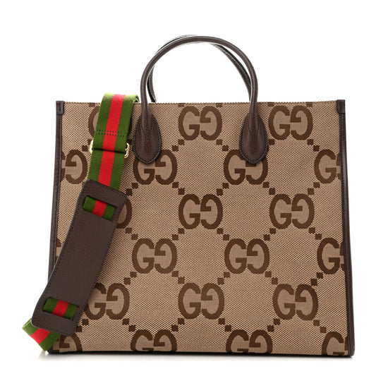 Monogram Jumbo GG Textured Dollar Calfskin Web Tote Bag Camel Ebony New Acero