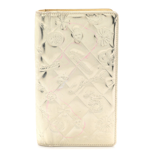 Metallic Patent Calfskin Quilted Lucky Symbols Yen Wallet Gold