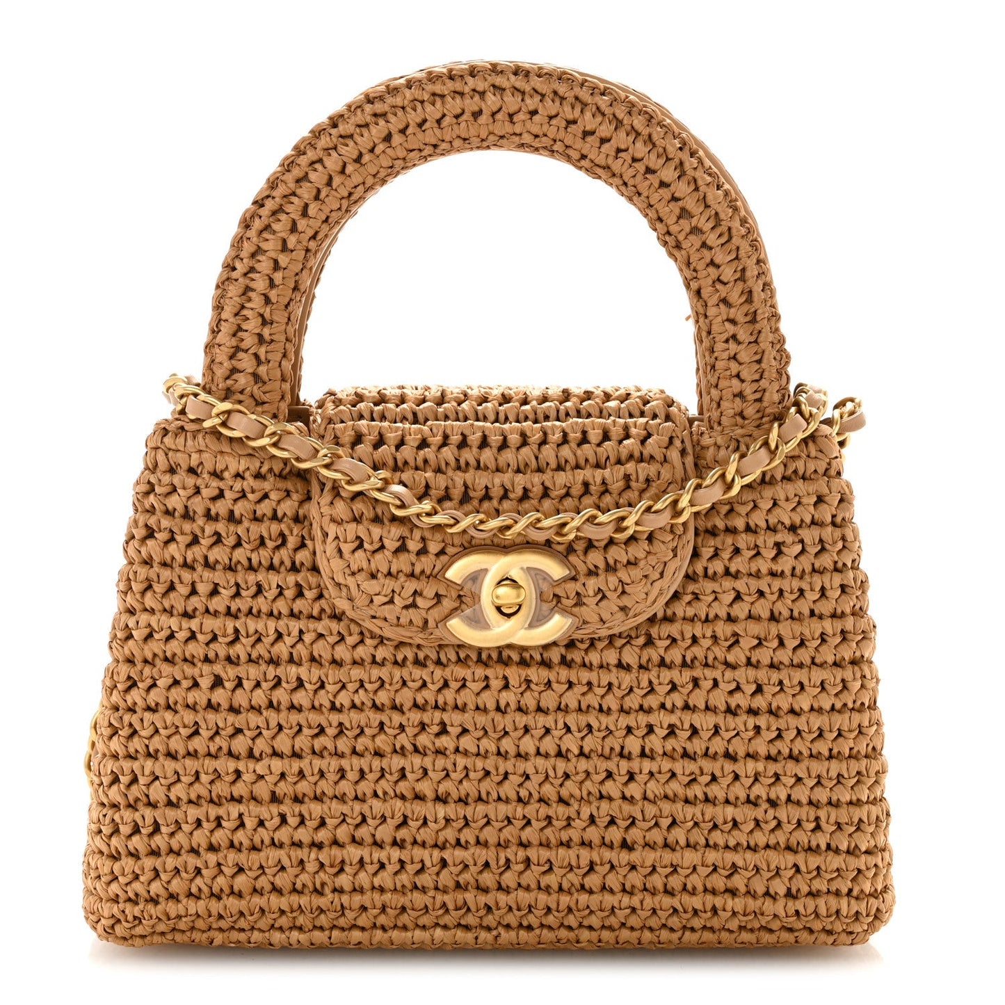 Braided Raffia Nano Kelly Flap Bag Dark Beige