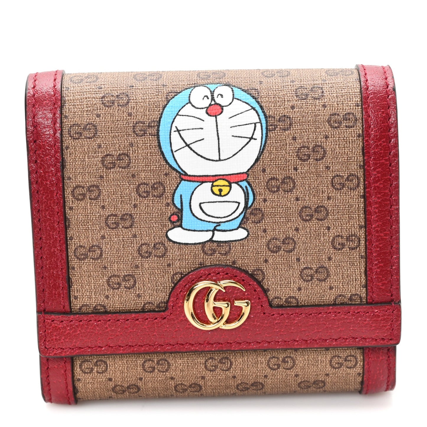 X DORAEMON Mini Vintage GG Supreme Monogram Card Case Wallet Beige Cherry Red