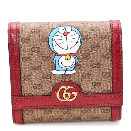 X DORAEMON Mini Vintage GG Supreme Monogram Card Case Wallet Beige Cherry Red