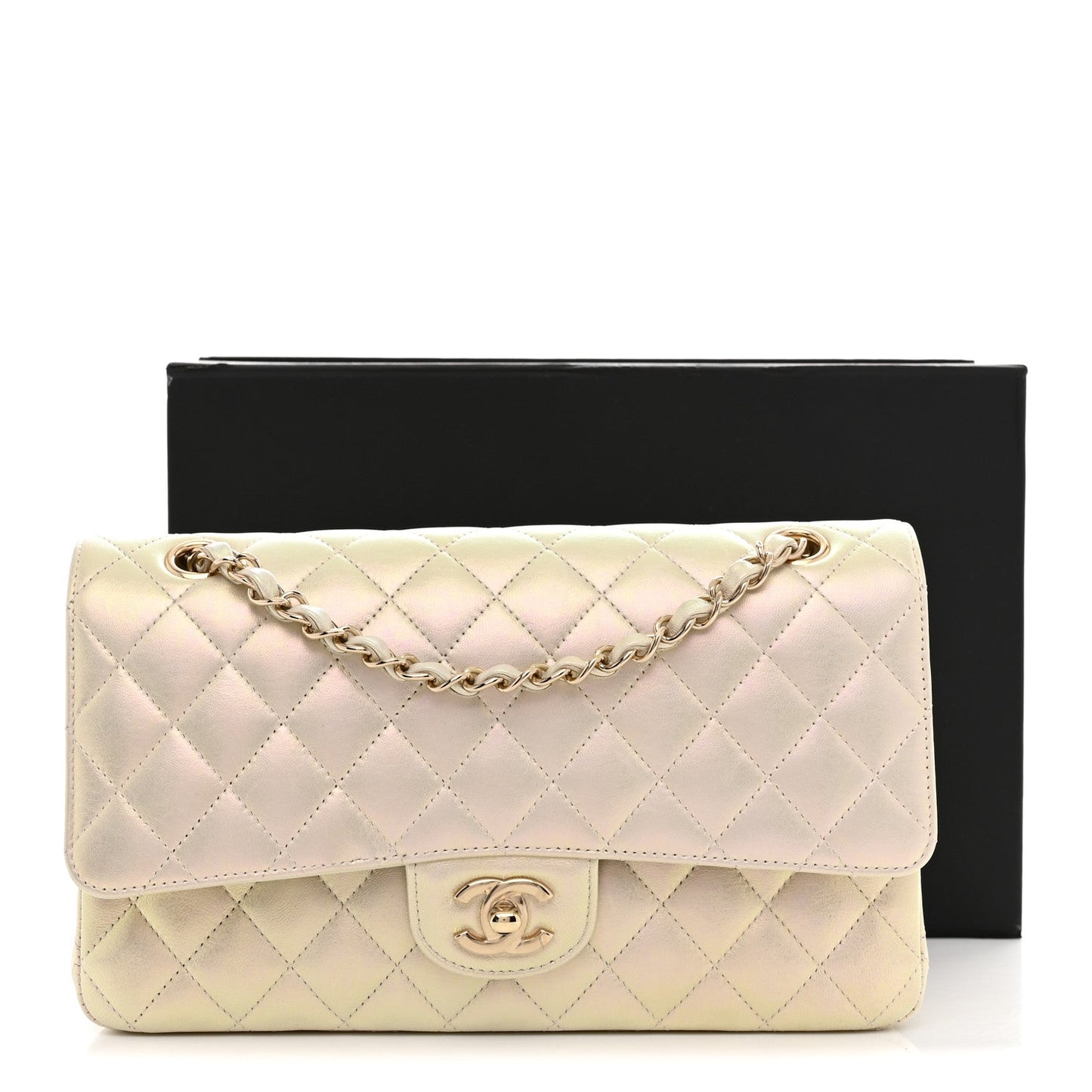 Iridescent Lambskin Quilted Medium Double Flap Ivory