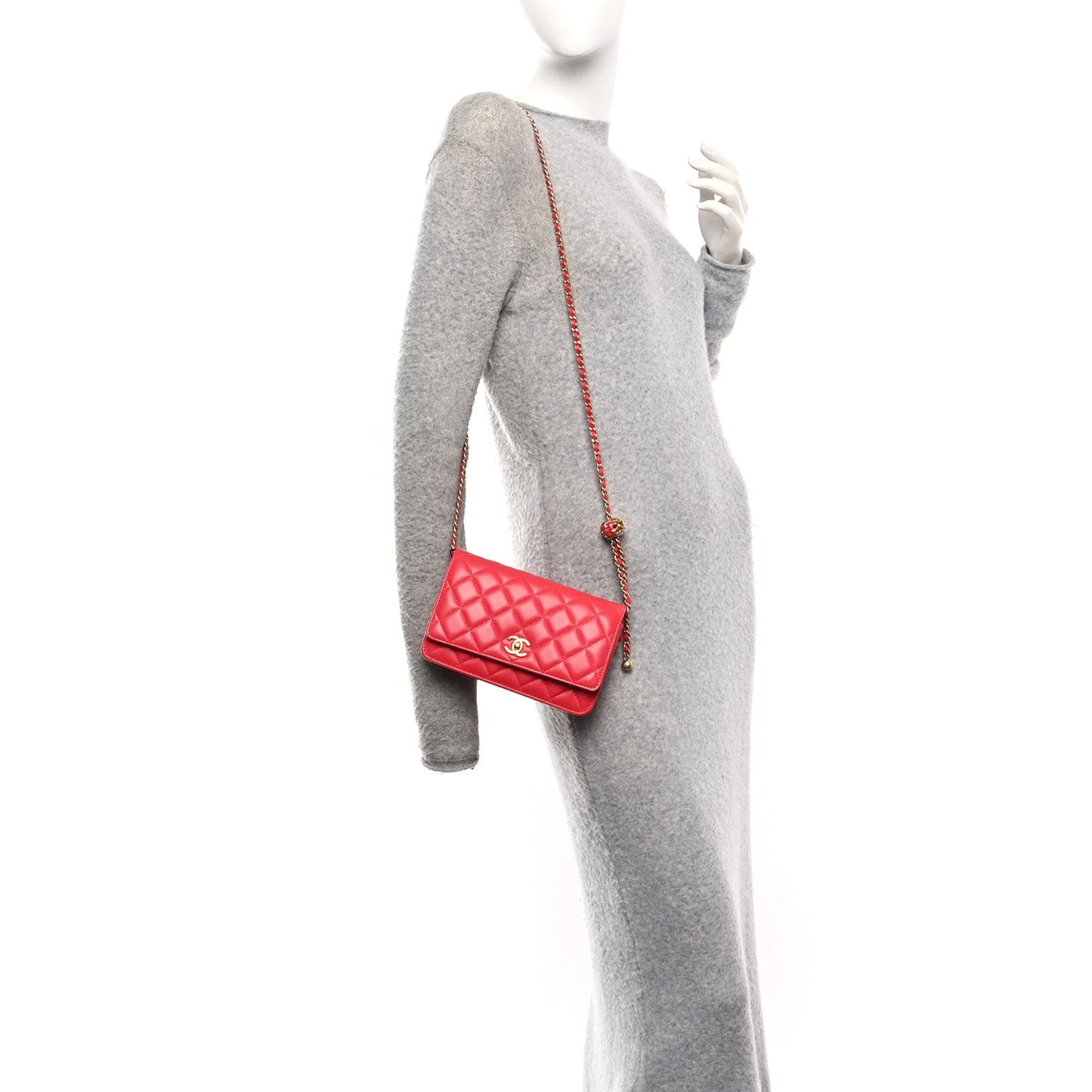 Lambskin Quilted CC Pearl Crush Wallet On Chain WOC  Red