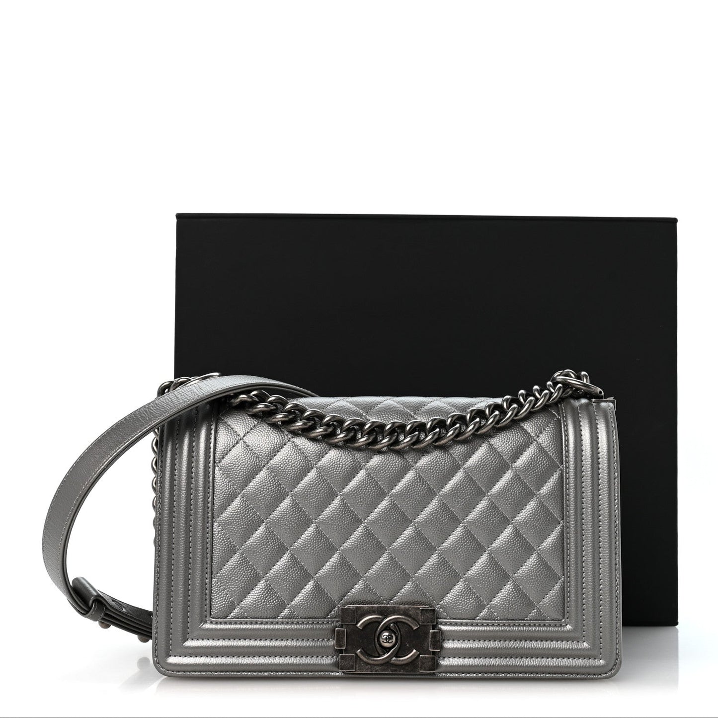 Metallic Caviar Quilted Medium Boy Flap Silver