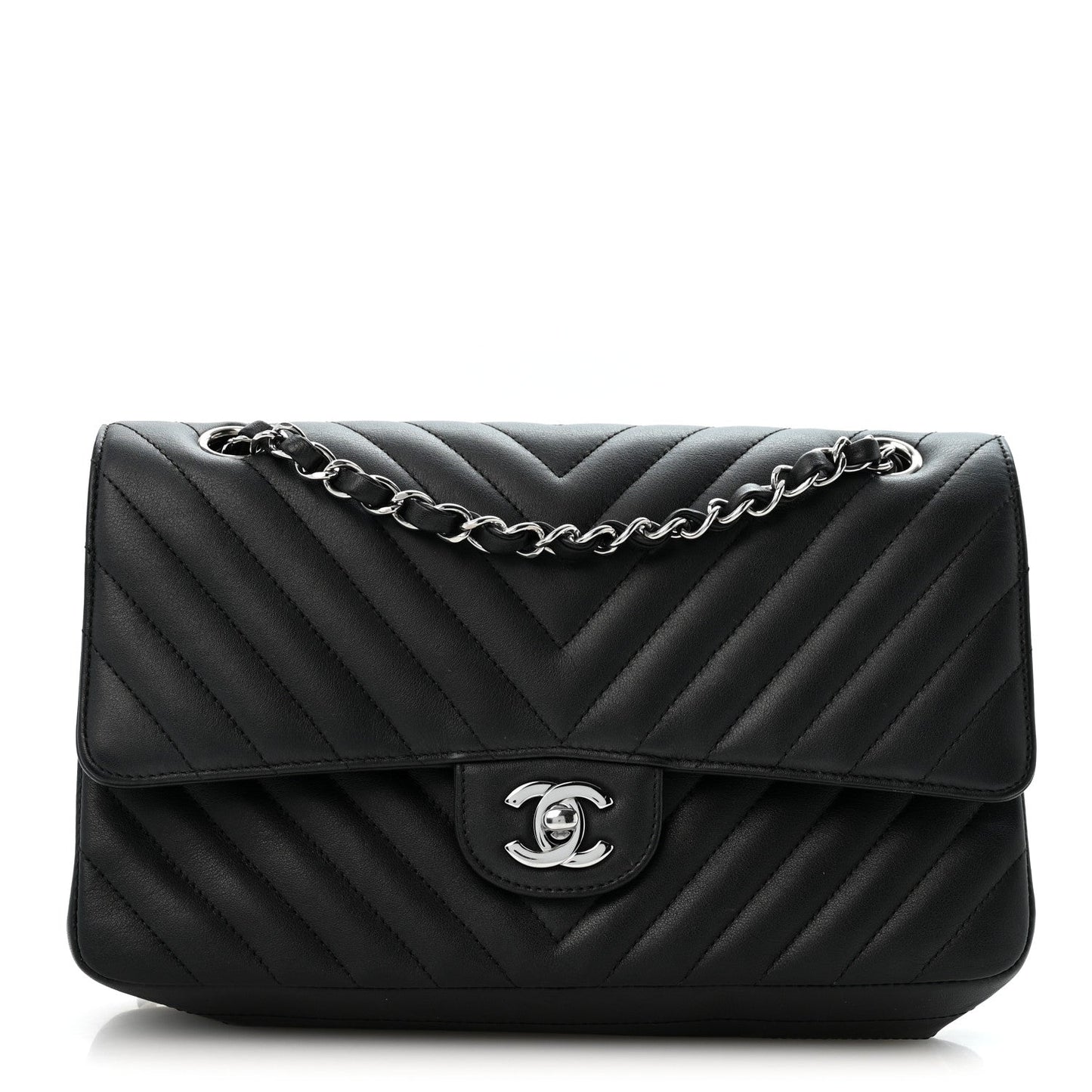 Lambskin Chevron Quilted Medium Double Flap Black