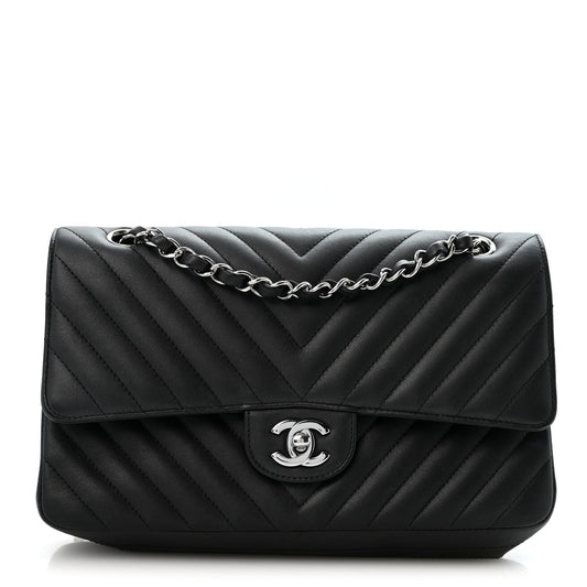 Lambskin Chevron Quilted Medium Double Flap Black