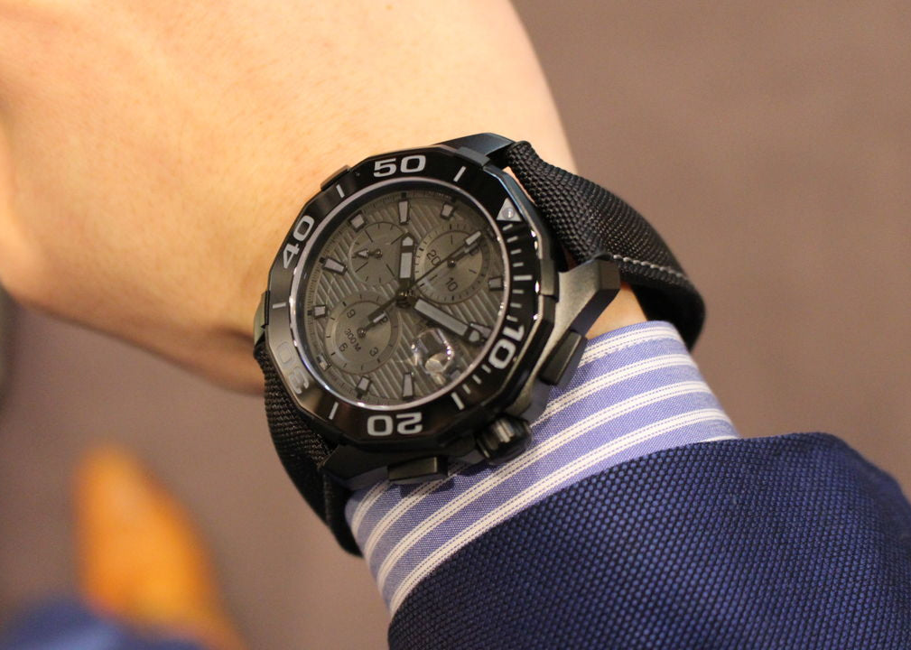 Tag Heuer Aquaracer Automatic Chronograph Special Edition Titanium Grey Dial Black Leather Strap Watch for Men - CAY218B.FC6370