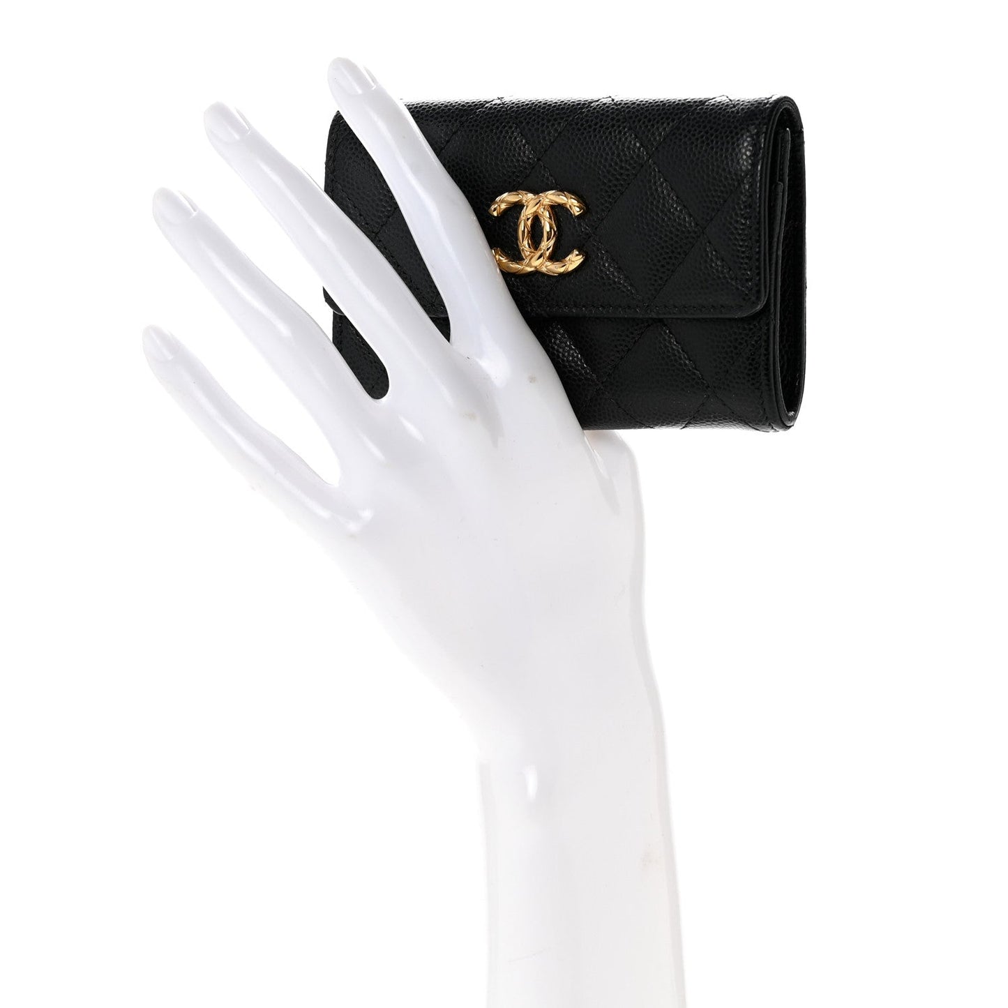 Caviar Quilted Chain CC Quilted Compact Flap Card Holder Black