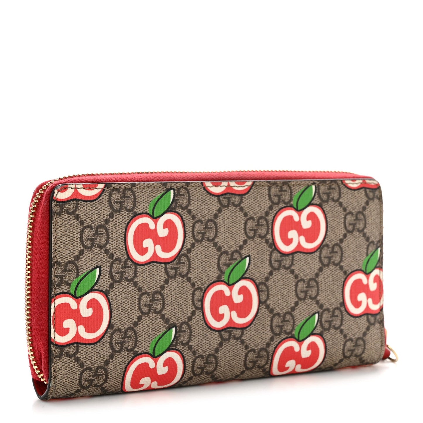 GG Supreme Monogram Apple Zip Around Wallet Beige Multicolor Lobster Red