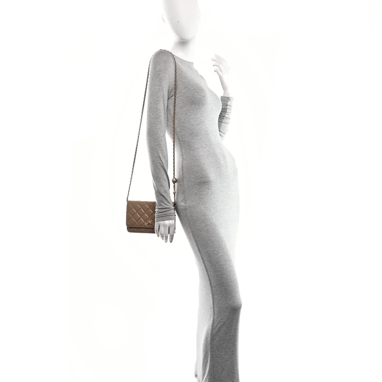 Lambskin Quilted CC Pearl Crush Wallet on Chain WOC Beige