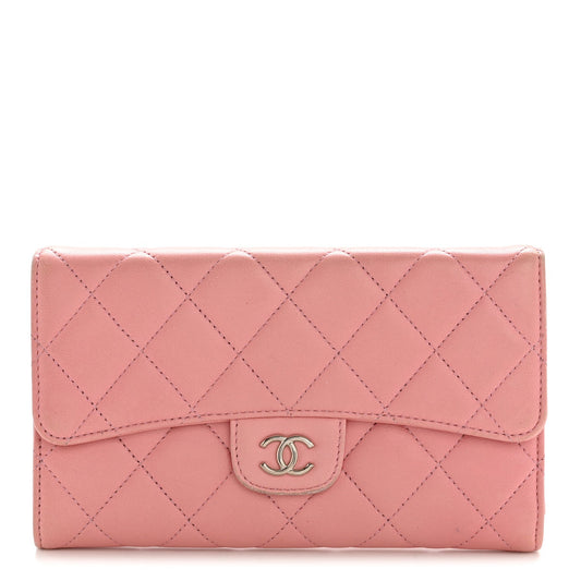 Lambskin Quilted Large Flap Wallet Pink