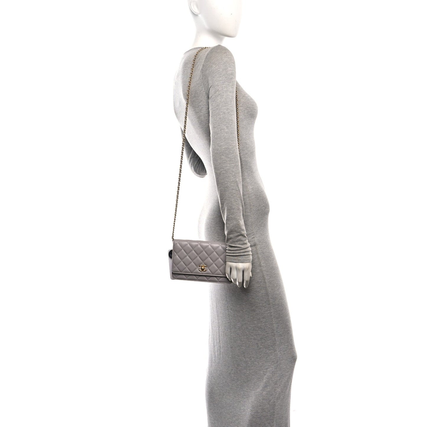 Lambskin Quilted CC Pearl Crush Wallet on Chain WOC Grey