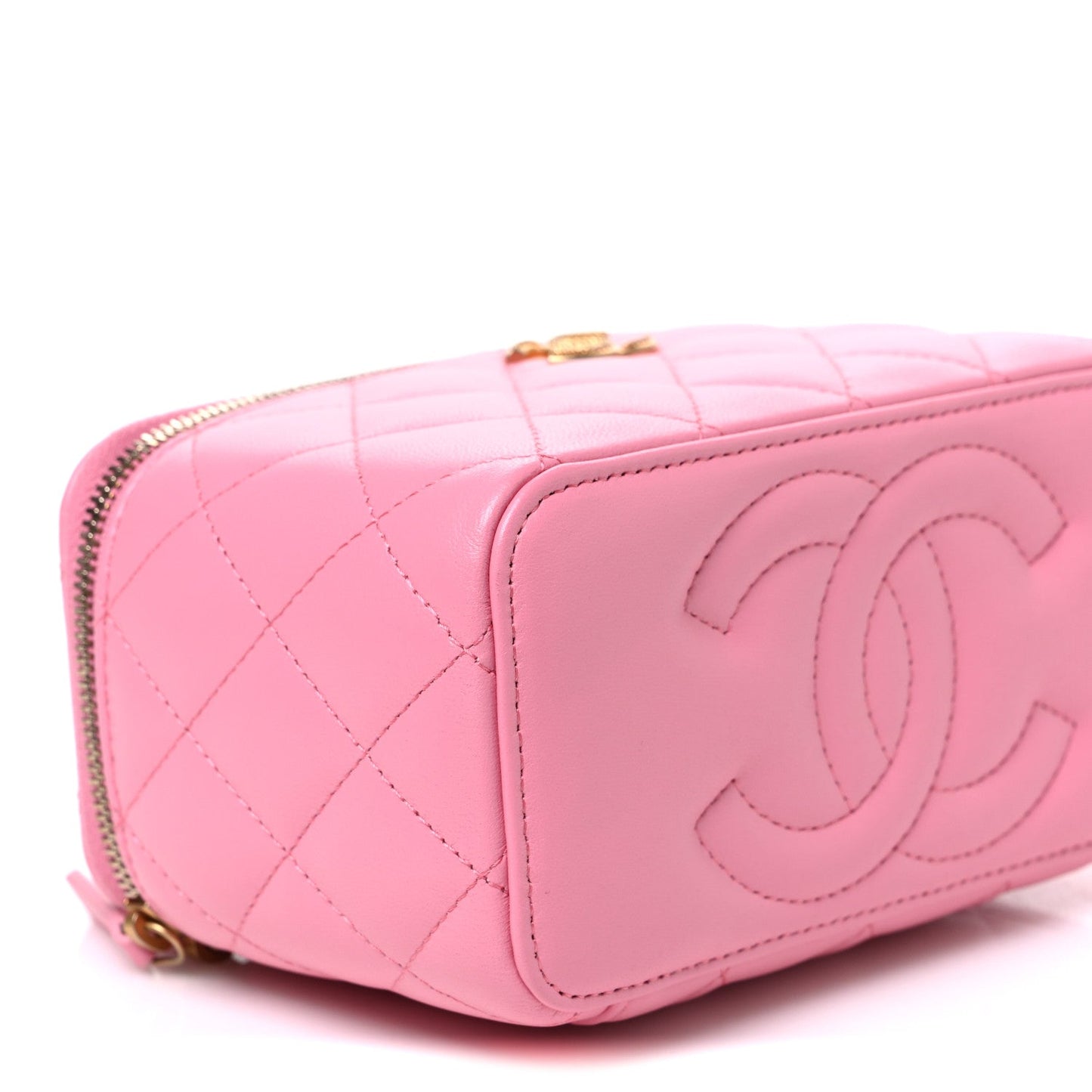 Lambskin Quilted Metal Twist Small Top Handle Vanity Case With Chain Pink