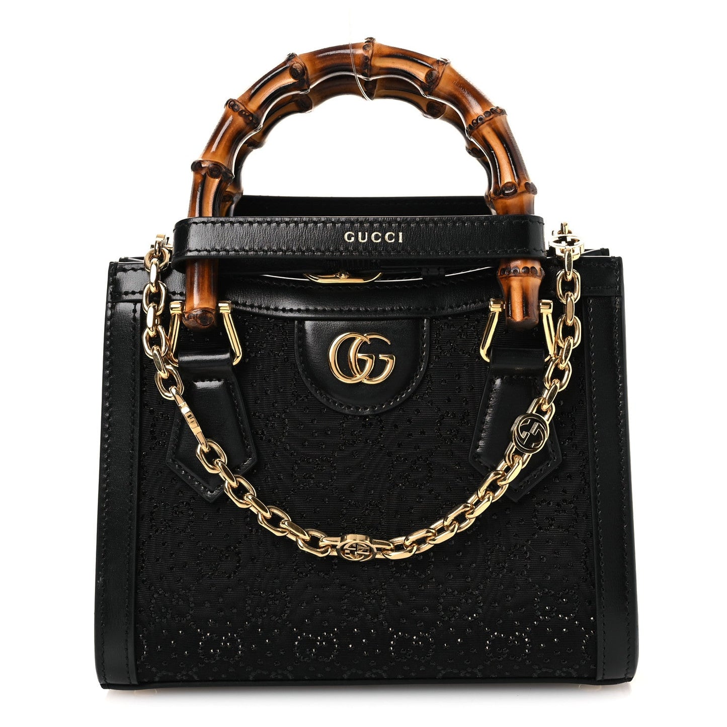 New Canvas Charisma Calfskin Crystal GG Monogram Mini Diana Tote Black