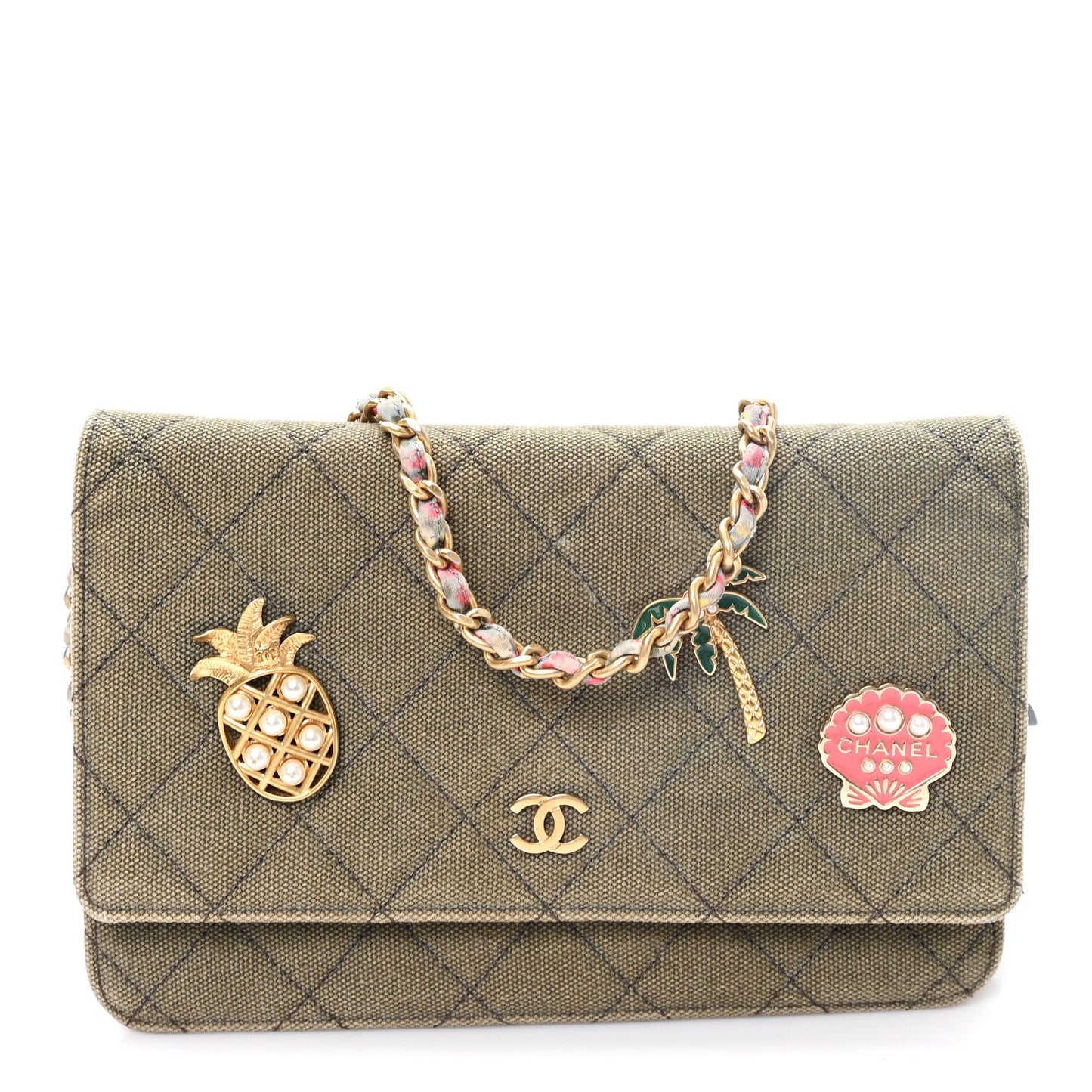 Canvas Quilted Coco Cuba Charms Wallet On Chain WOC Khaki