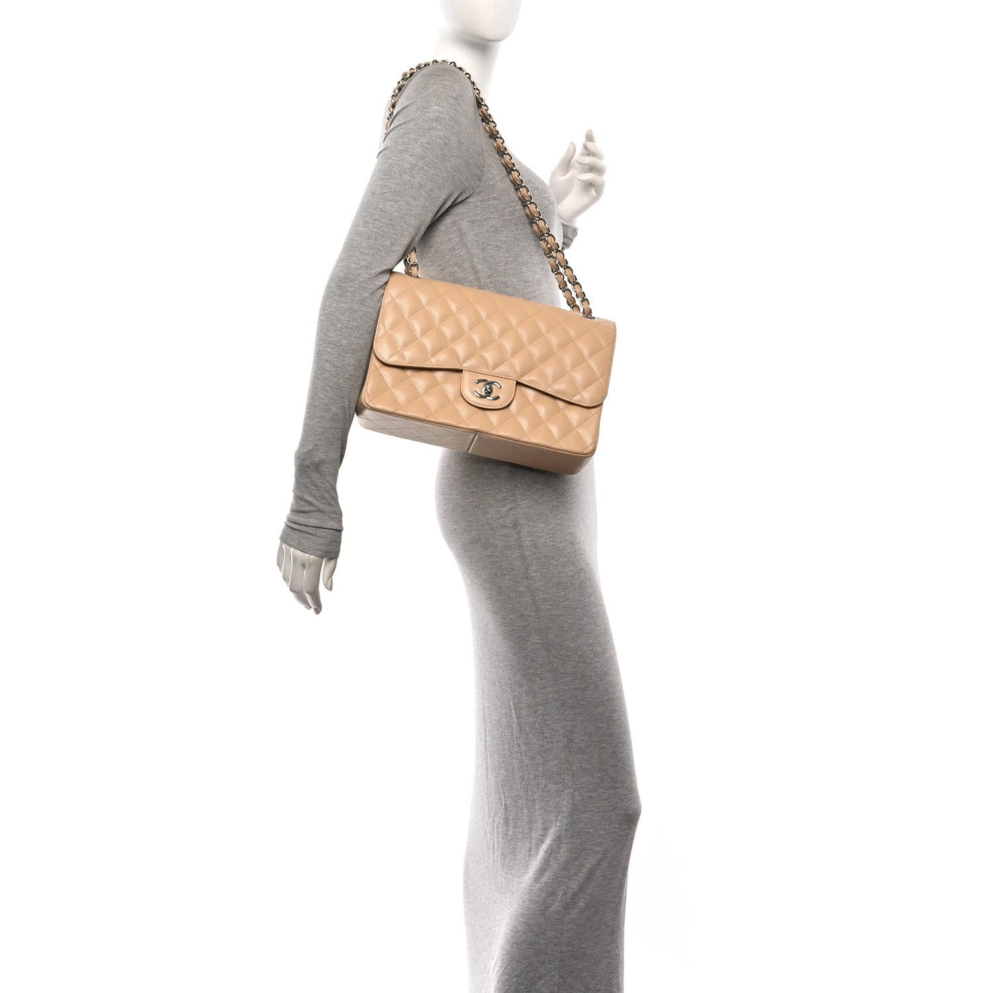 Caviar Quilted Jumbo Double Flap Beige